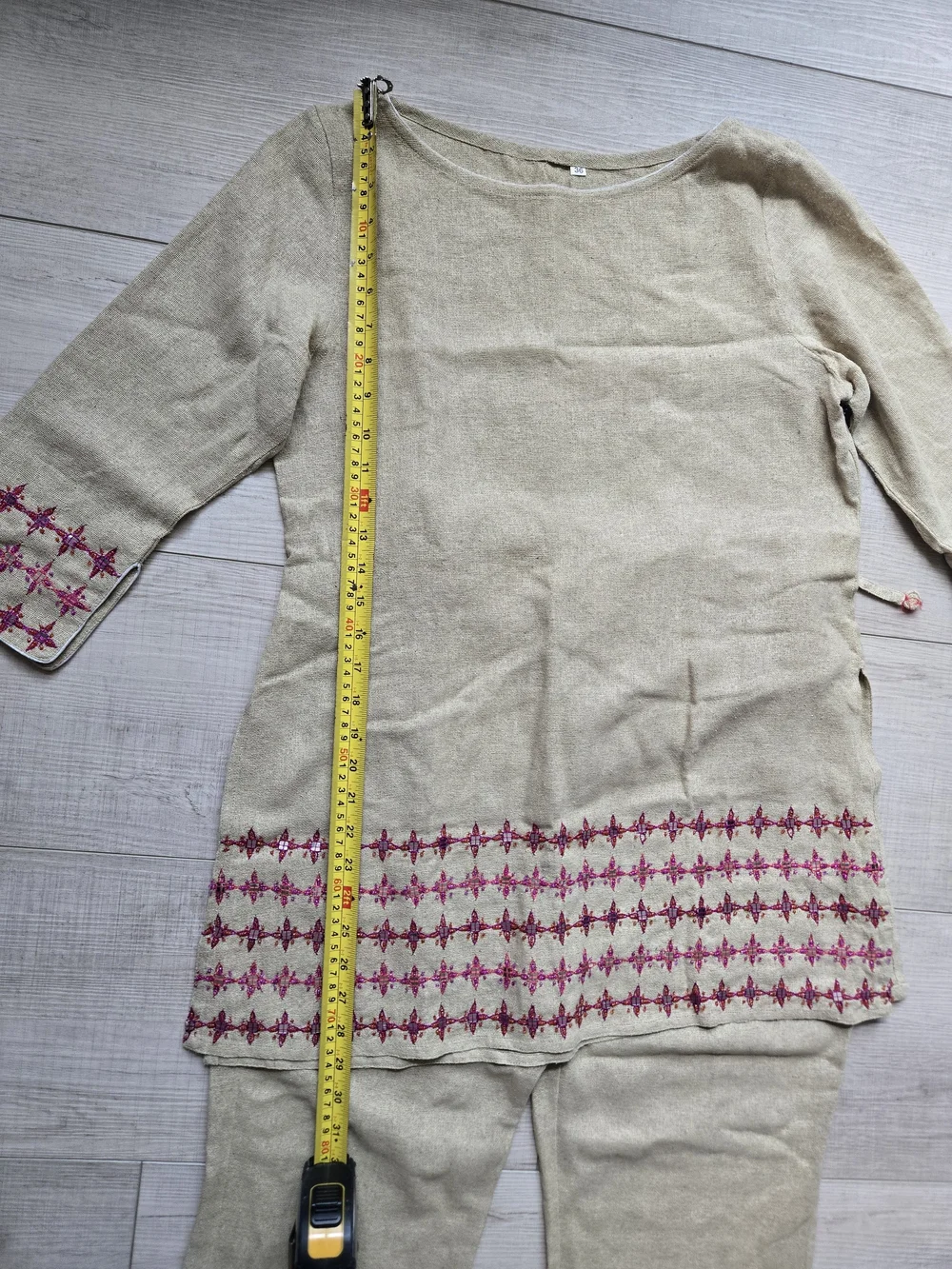 Beige Tan Cotton Embroidered Two-Piece Tunic & Pants Set - Women Size Small 36